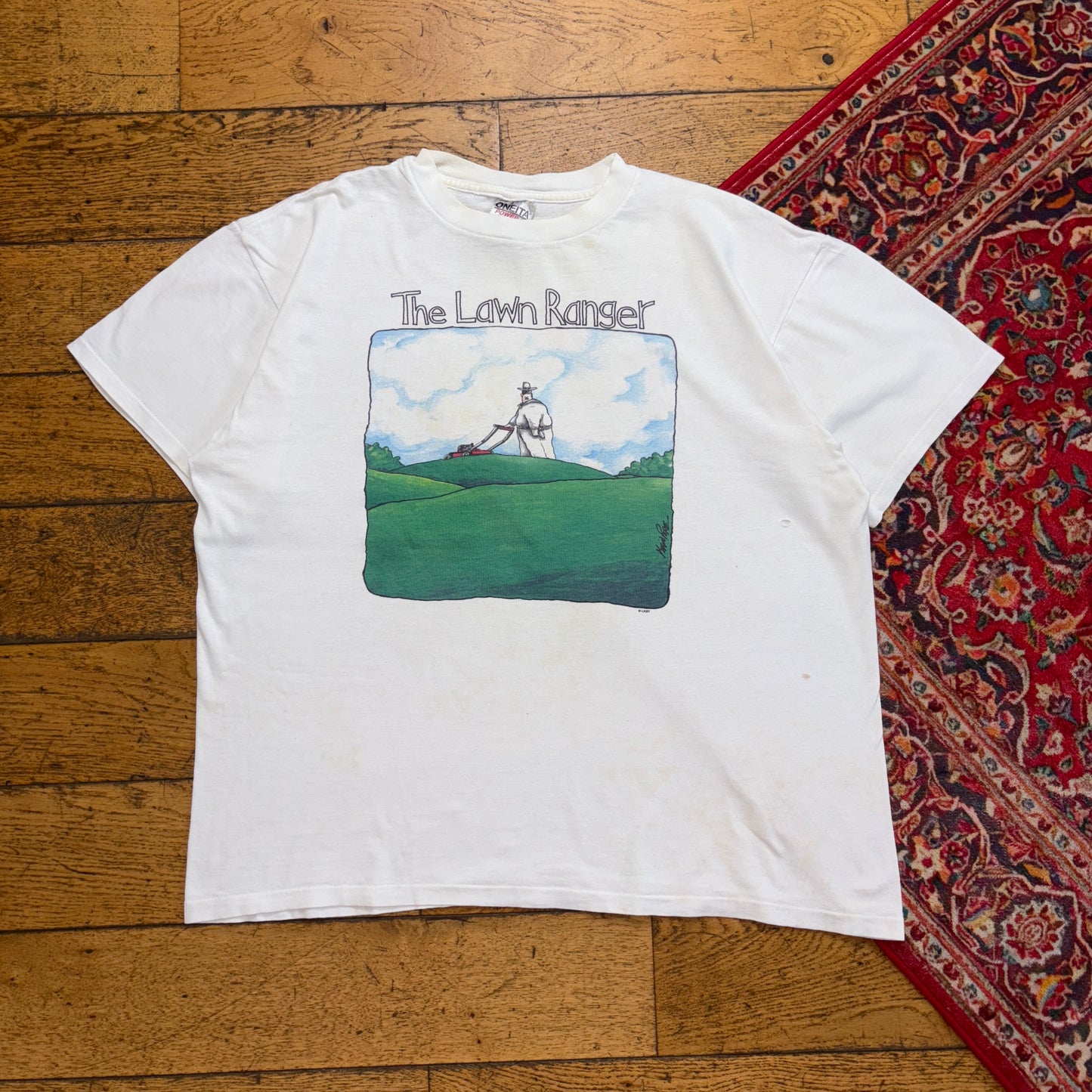 Vintage 90s Lawn Ranger Funny White Single Stitch Graphic T-Shirt - XL