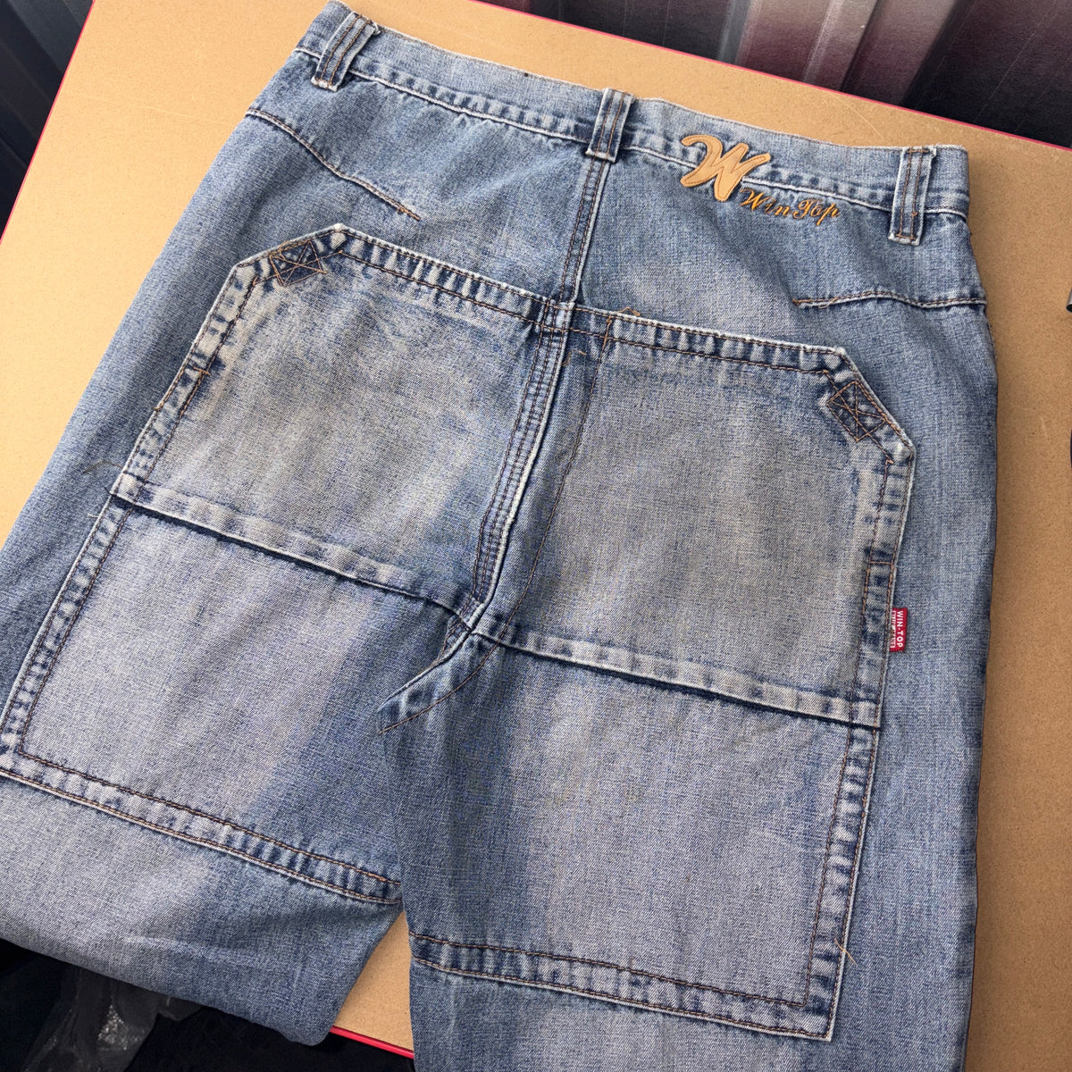 Blue Embroidered Double Knee Japanese Denim Hip Hop Y2K Baggy Jeans - 32R