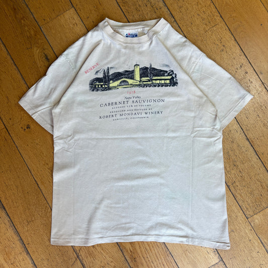 Vintage 90s Wine Single Stitch Cream White Graphic T-Shirt - S