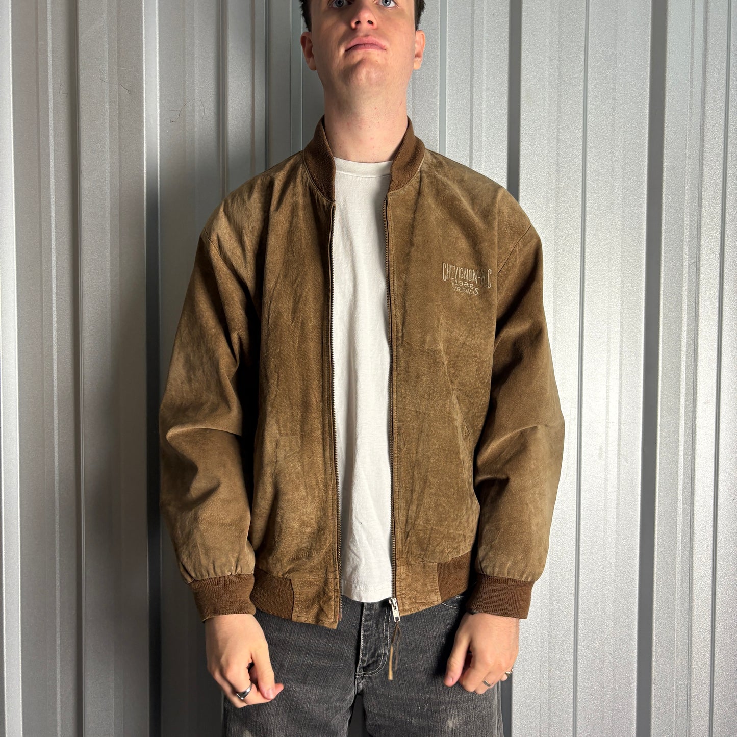 Vintage Chevignon 90s Brown Suede Leather Bomber Jacket - XL