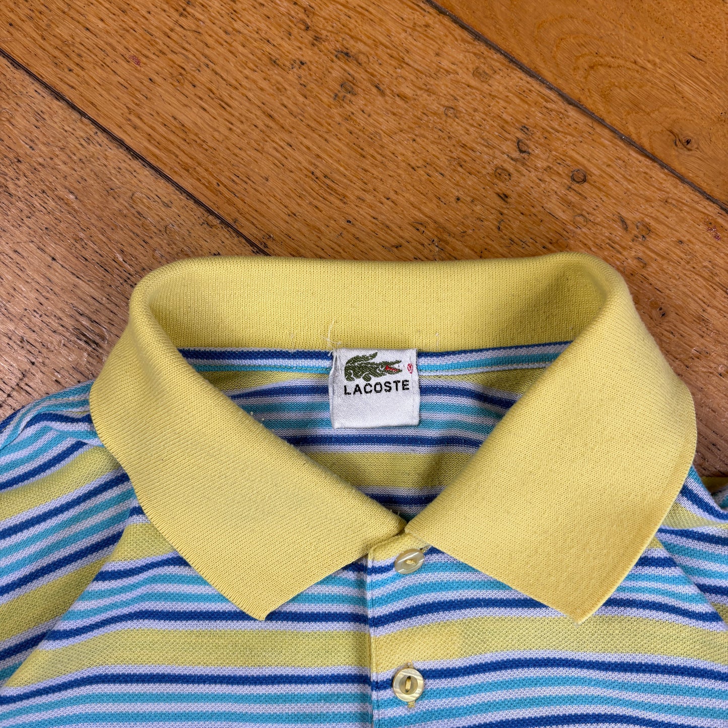 Vintage Lacoste Stripe Blue Yellow Polo Shirt - L