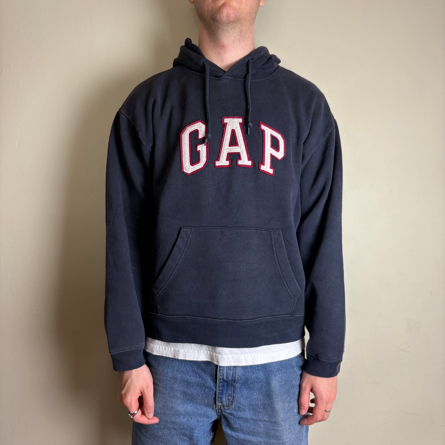 Vintage Gap Navy Spellout Embroidered Hoodie Boxy Sweatshirt - L