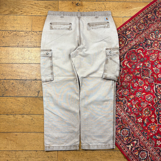 Vintage Carhartt Brown Cream Cargo Workwear Carpenter Baggy Trousers - 38