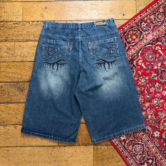 Vintage Indigo 30 Blue Embroidered Y2K Hip Hop Baggy Jeans Shorts Jorts - 34