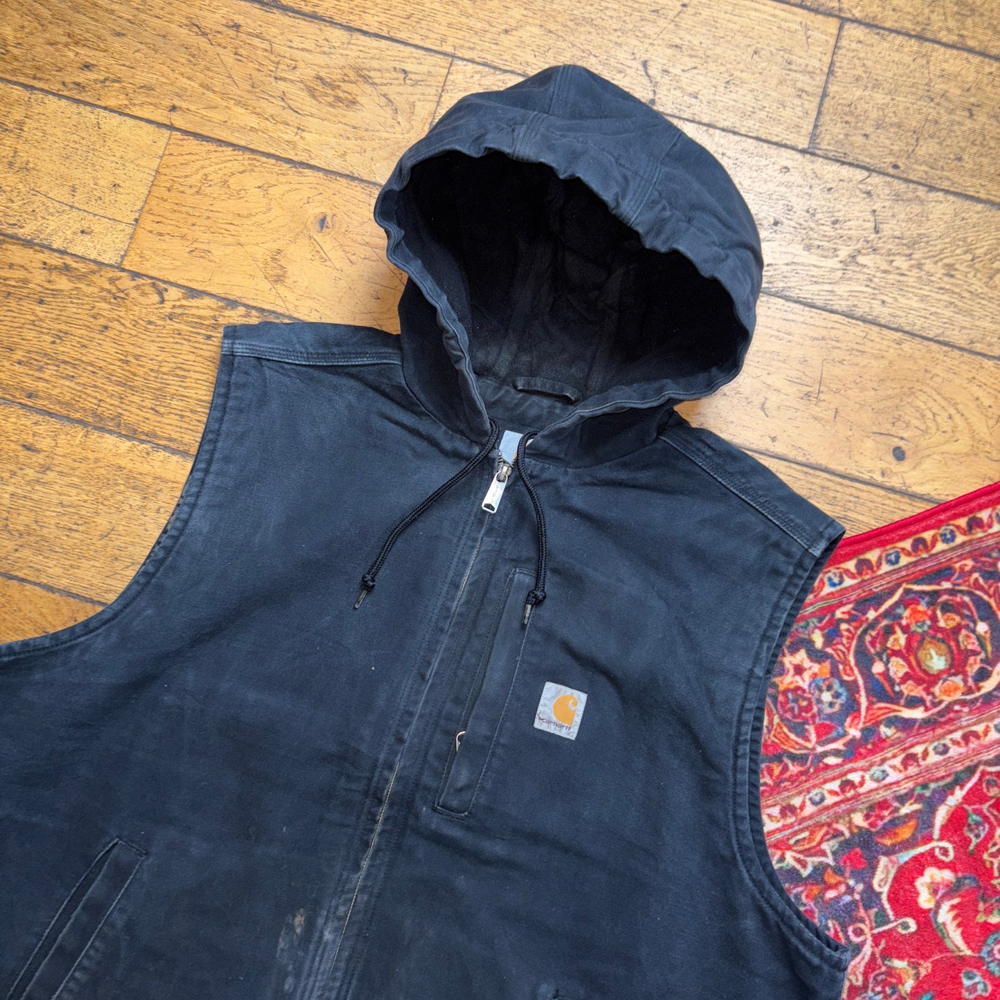 Vintage Carhartt Black Gilet Vest Hooded Workwear Jacket - XL