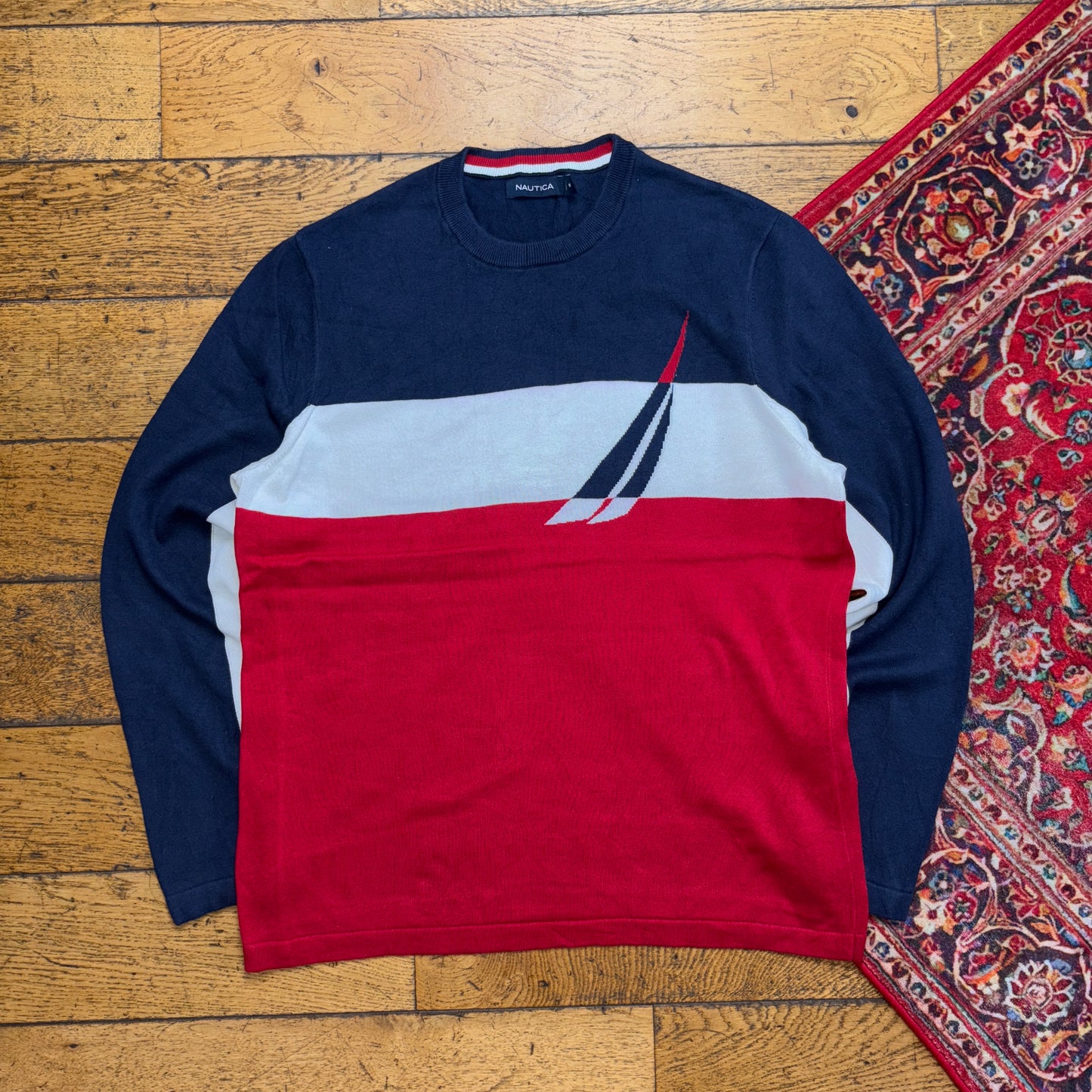 Vintage Nautica Navy Red Stripe Knit Jumper - M