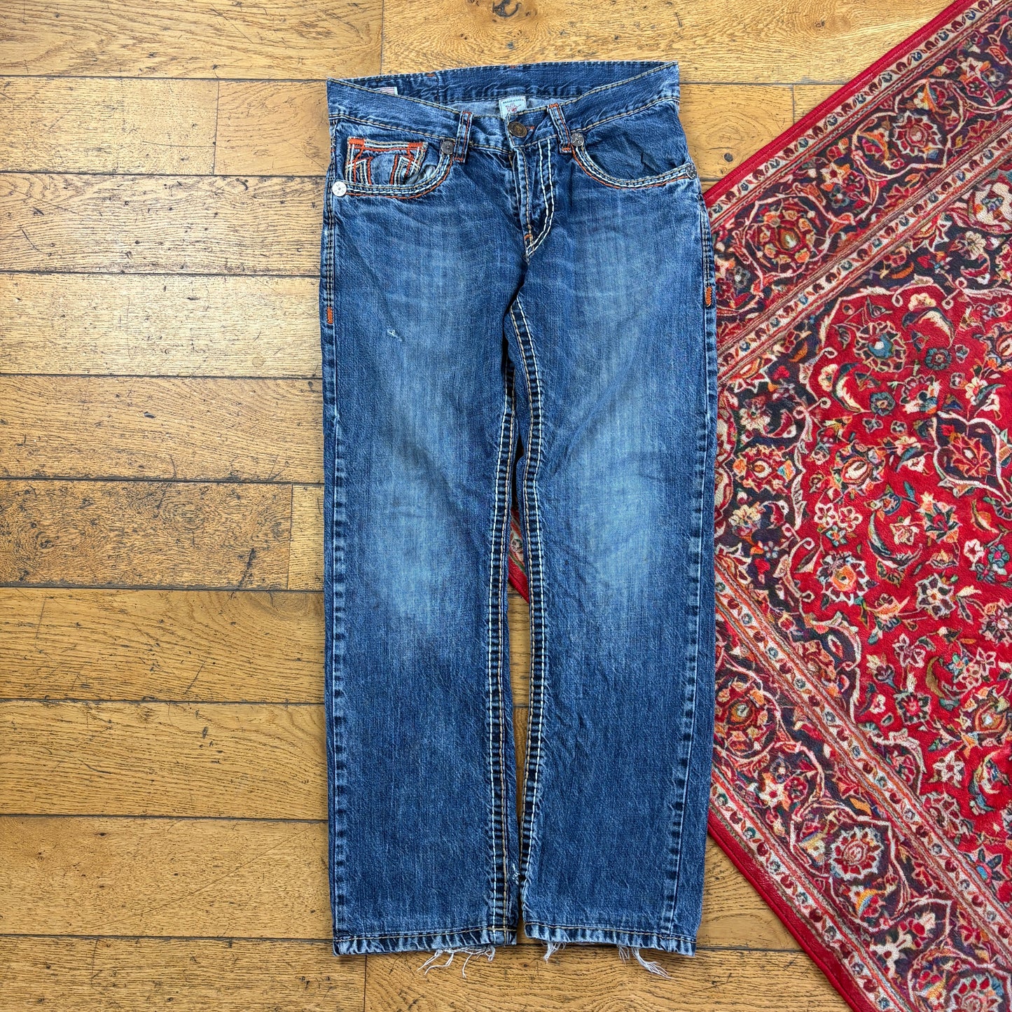 Vintage True Religion Ricky Blue Embroidered Y2K Hip Hop Straight Jeans - 33