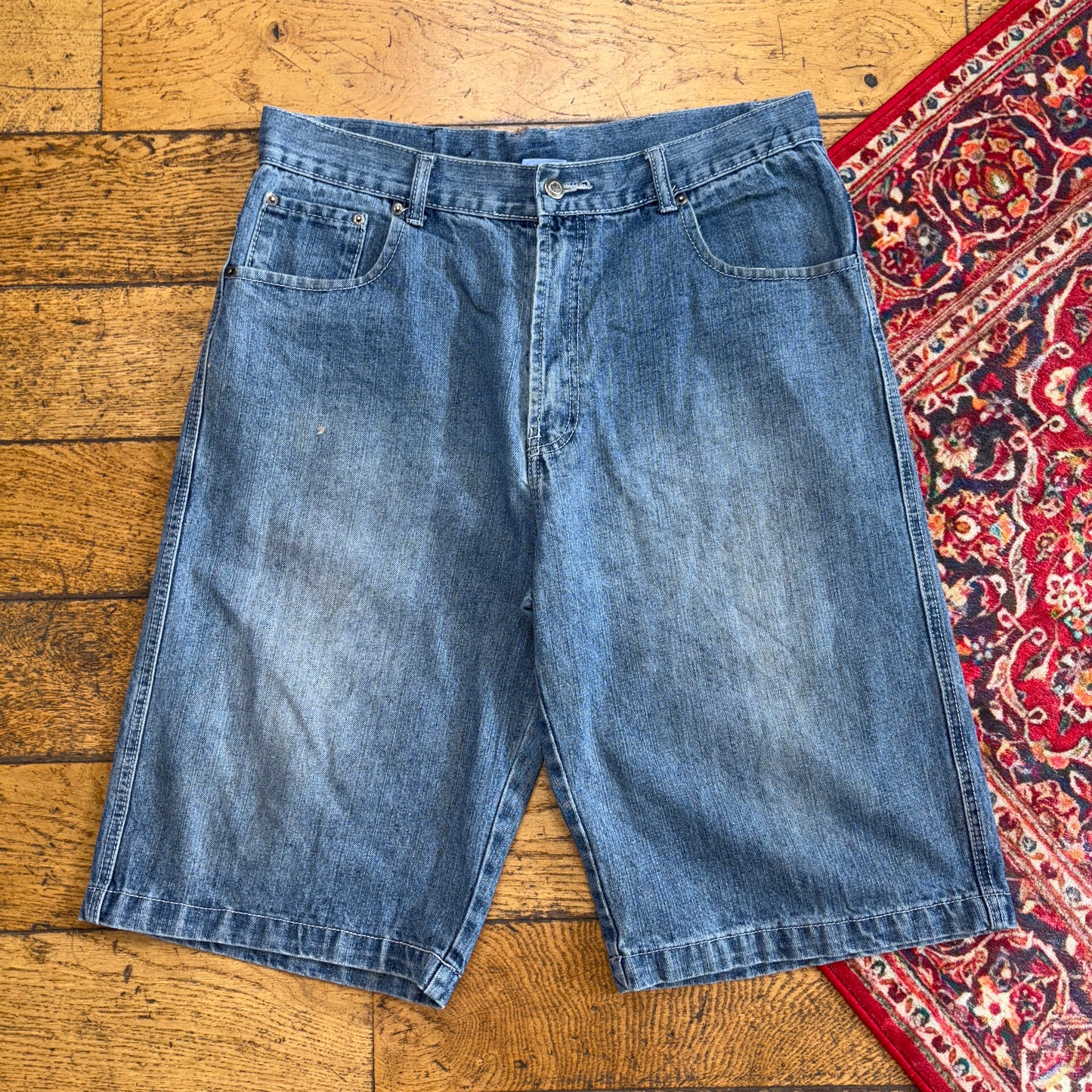 Vintage Joker Blue Embroidered Y2K Hip Hop Baggy Jeans Shorts Jorts - 36