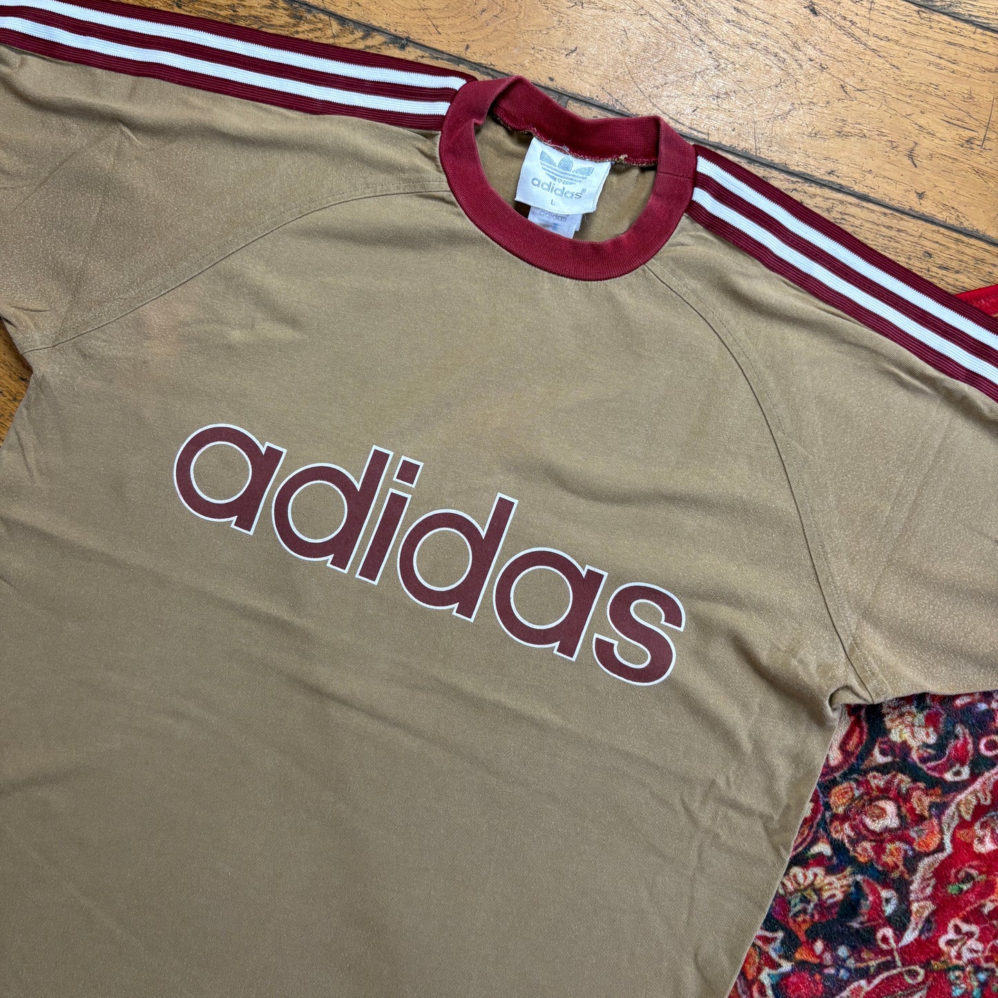 Vintage 90s Adidas Khaki Ringer Graphic T-Shirt - S