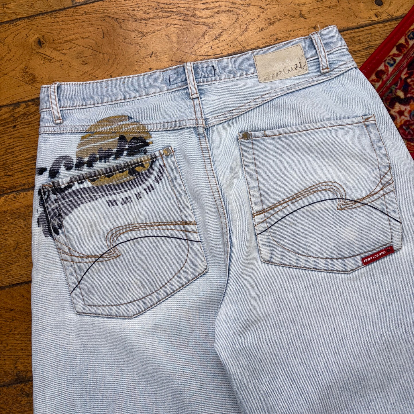 Vintage Rip Curl Blue Surfwear Embroidered Hip Hop Baggy Shorts Jorts - 34