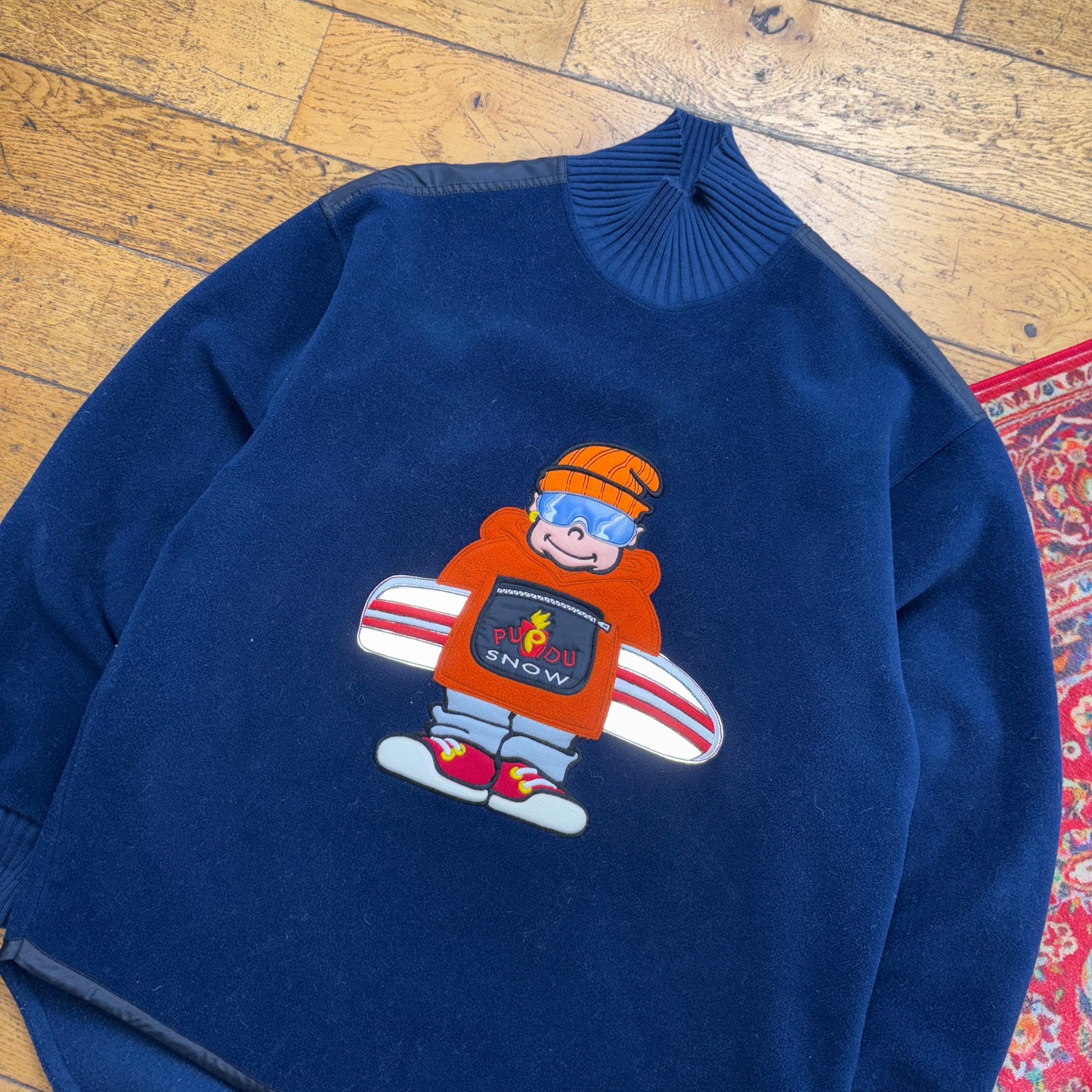 Vintage 90s Navy Snowboard Pupidu Fleece Embroidered Sweatshirt - XL