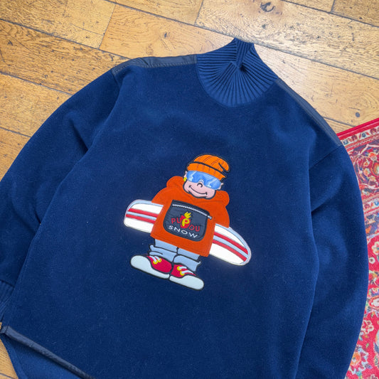 Vintage 90s Navy Snowboard Pupidu Fleece Embroidered Sweatshirt - XL