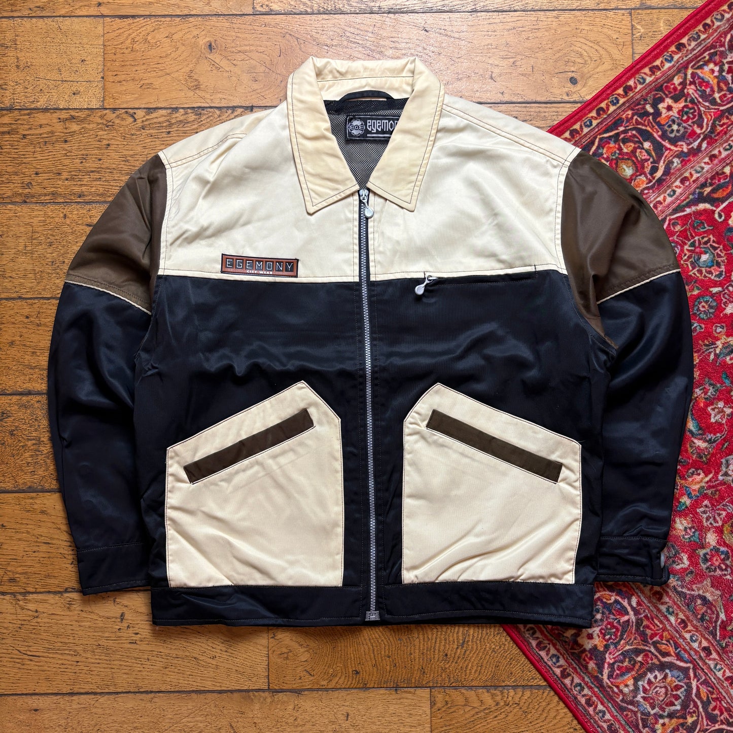 Vintage Egemony Cream Black Nylon Workwear Jacket - XL