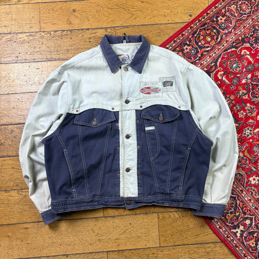 Vintage Trucker Style Cream Blue Workwear Cropped Jacket - XL