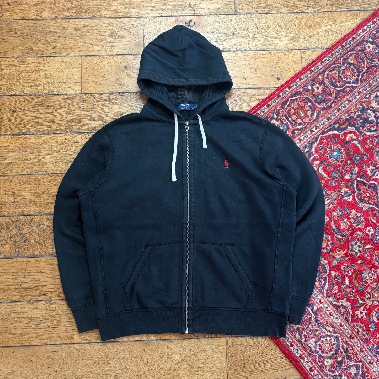 Vintage Ralph Lauren Black Zip Hoodie Embroidered Sweatshirt - XL