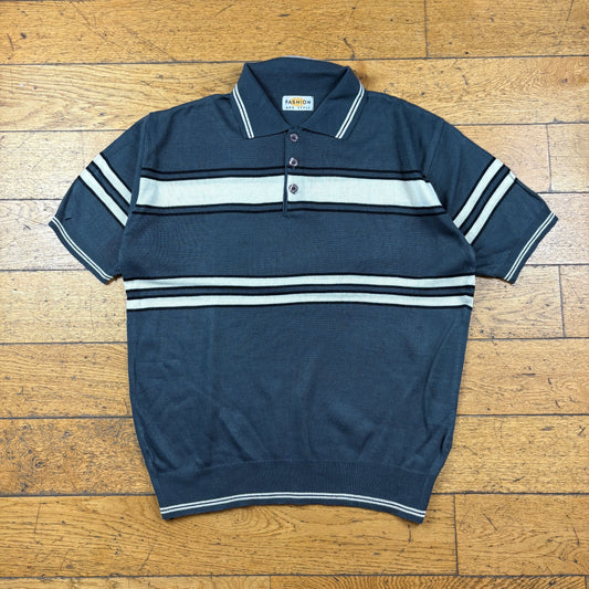 Vintage Grey Stripe Polo T-Shirt - L