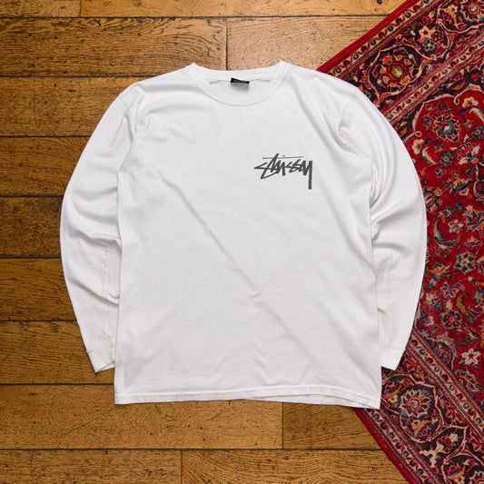 Vintage Stussy White Long Sleeve Graphic T-Shirt - S