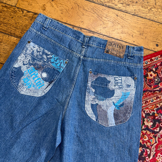 Vintage Artful Dodger Blue Embroidered Y2K Hip Hop Baggy Jeans Shorts Jorts - 38