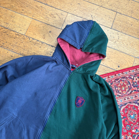 Vintage Tommy Hilfiger Navy Green Zip Hoodie Embroidered Sweatshirt - XL