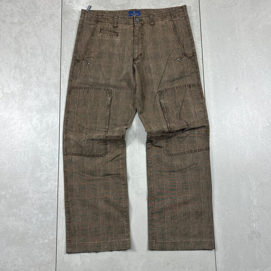 Vintage Italian Brown Check Baggy Cargo Double Knee Trousers - 36