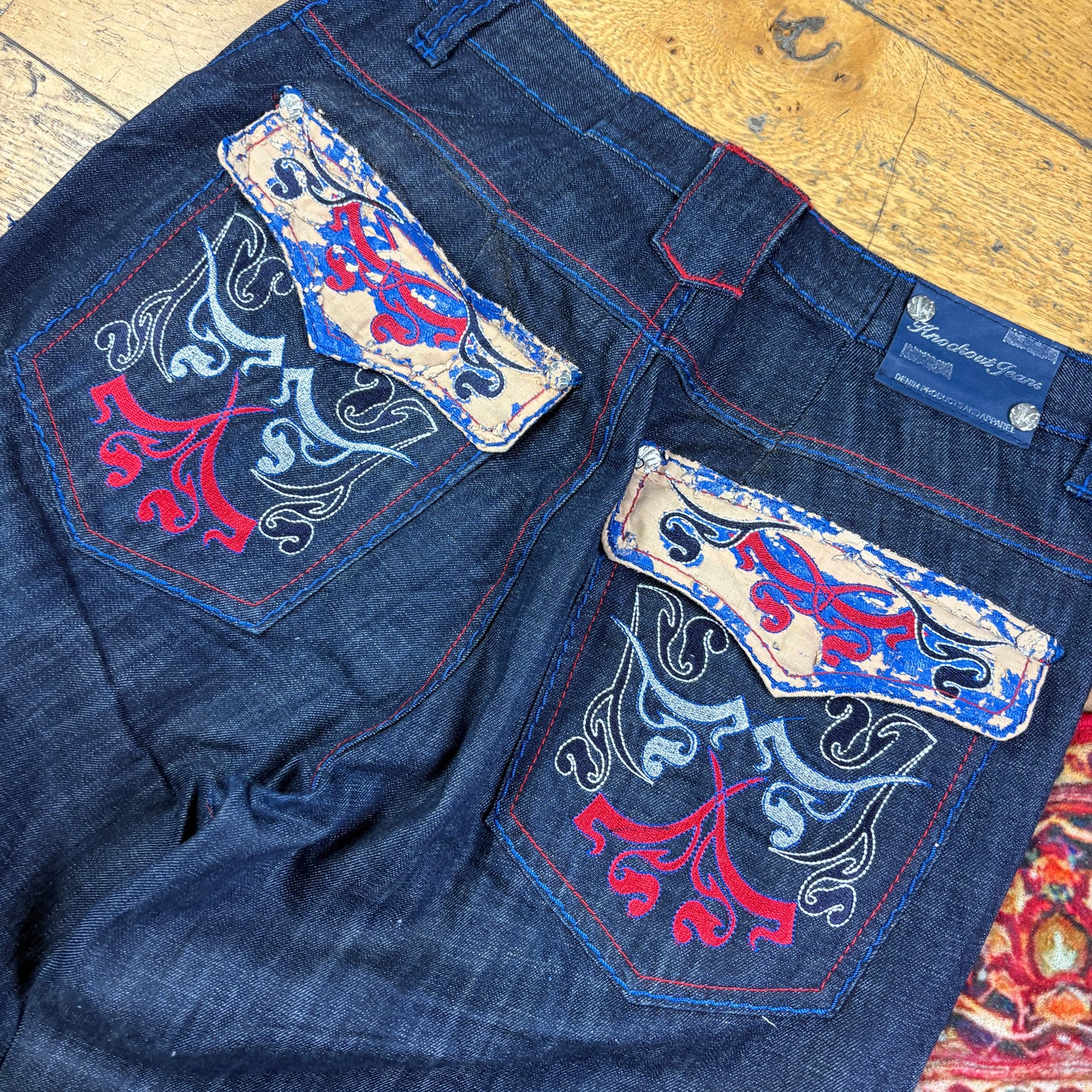 Vintage Blue Embroidered Y2K Hip Hop Baggy Jeans - 36
