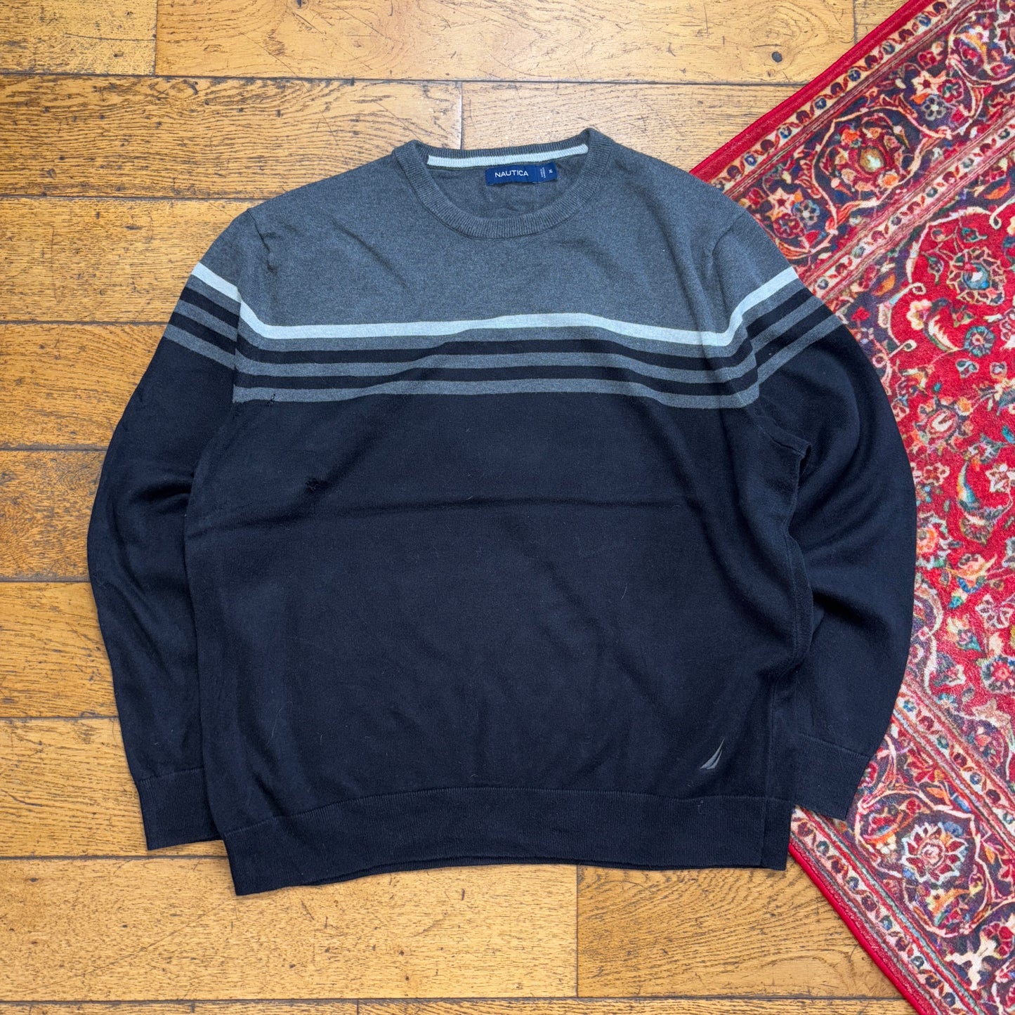 Vintage Nautica Stripe Black Grey Embroidered Knit Jumper - XL