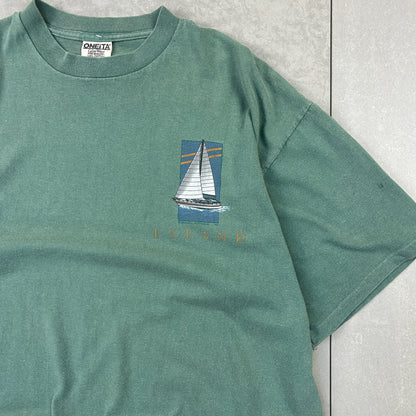 Vintage 90s Single Stitch Green Sailing Boat Graphic T-Shirt - XL