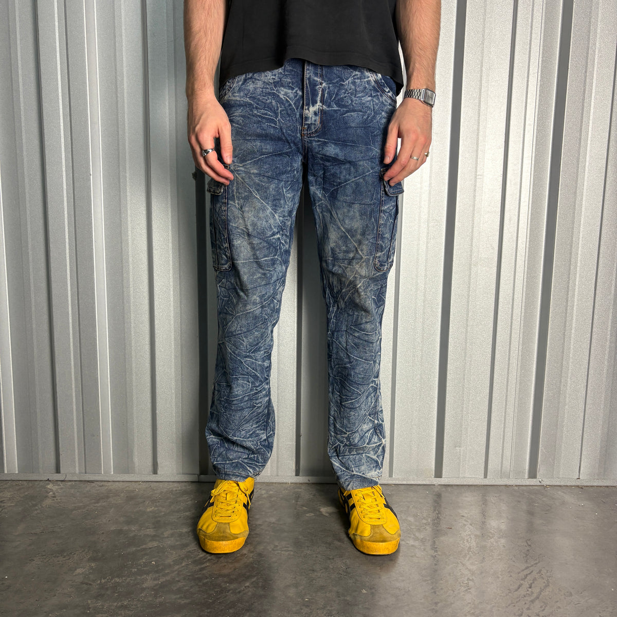 Embroidered Blue Acid Wash Grunge Japanese Denim Hip Hop Y2K Baggy Jeans - 34S