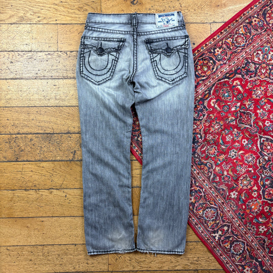 Vintage True Religion Grey Embroidered Y2K Hip Hop Baggy Jeans - 36