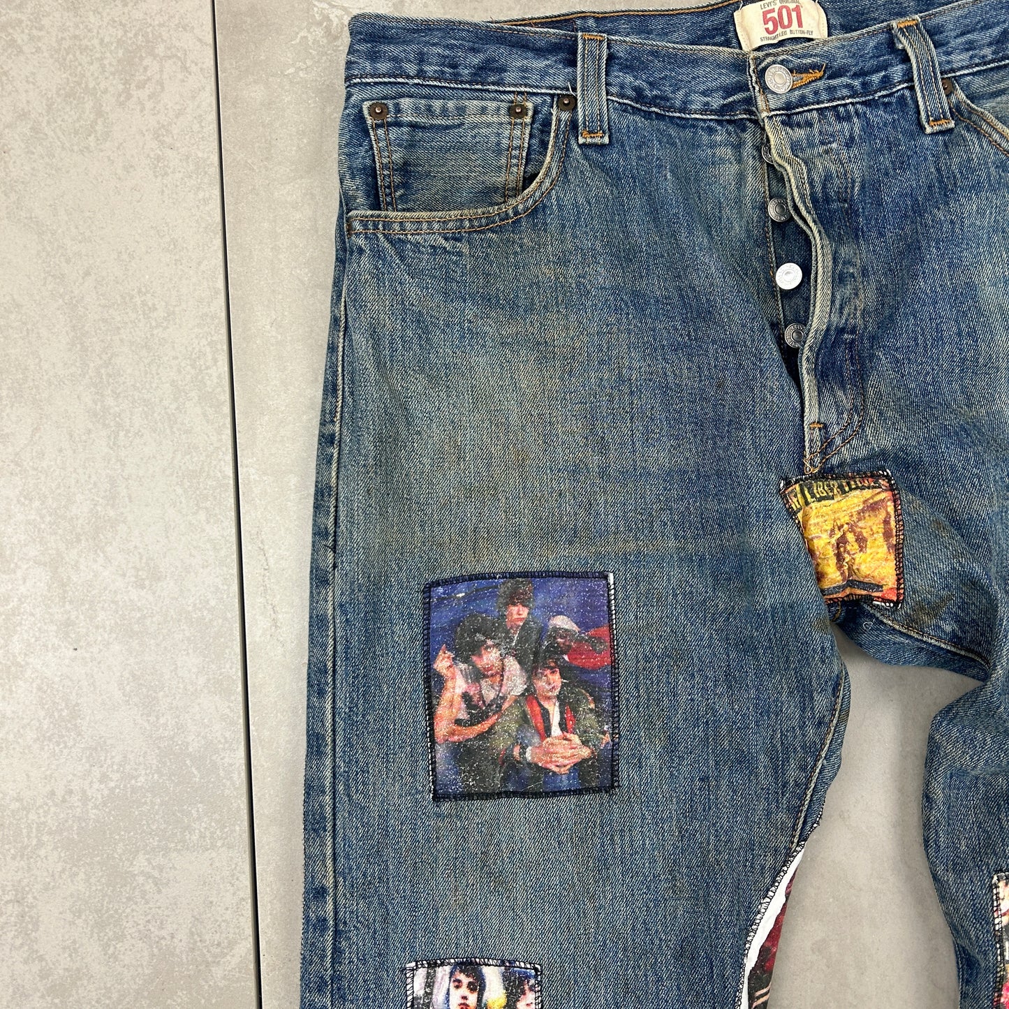 Vintage Levis 501 Patchwork The Libertines Blue Denim Straight Jeans - 36