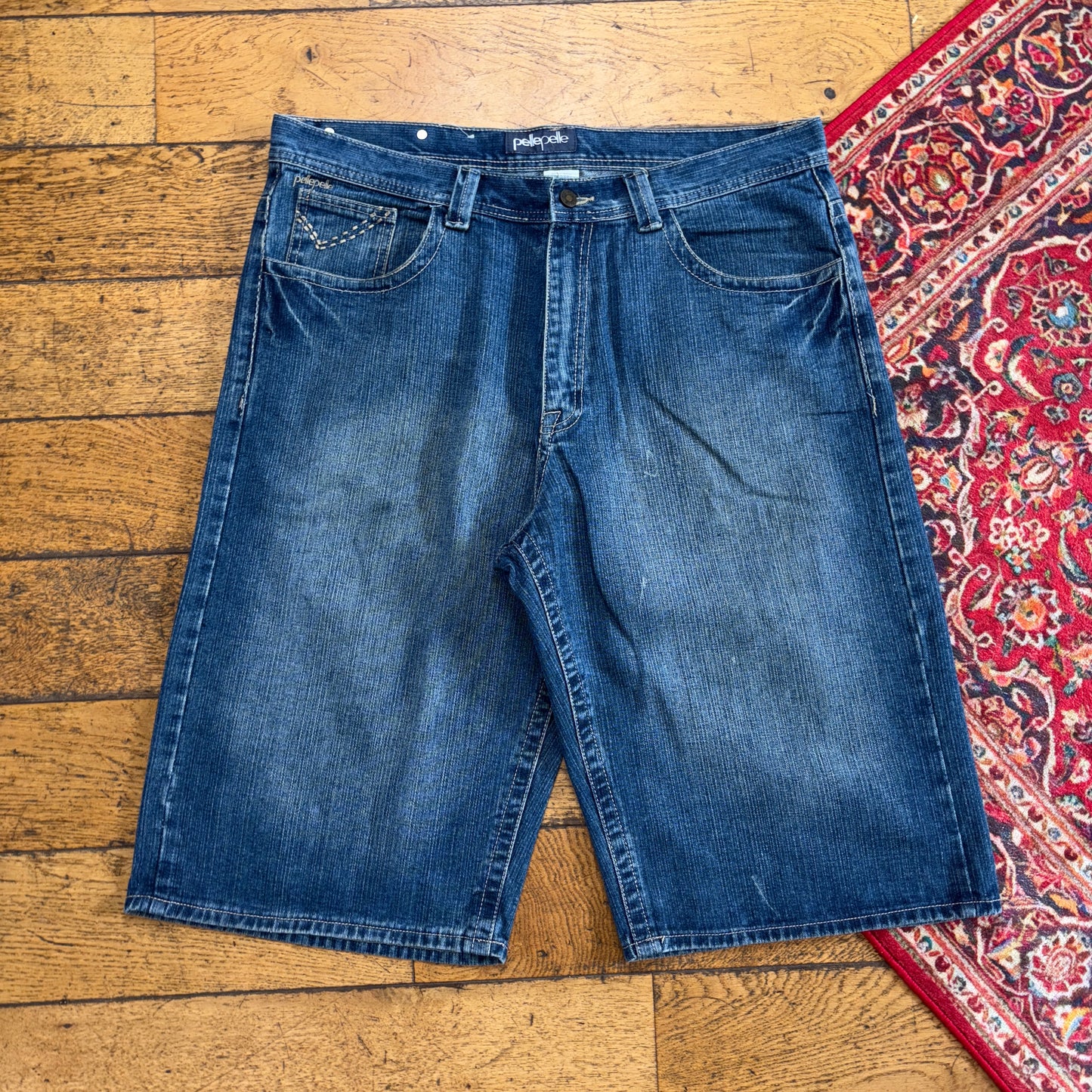 Vintage Pelle Pelle Blue Embroidered Y2K Hip Hop Baggy Jeans Shorts Jorts - 40