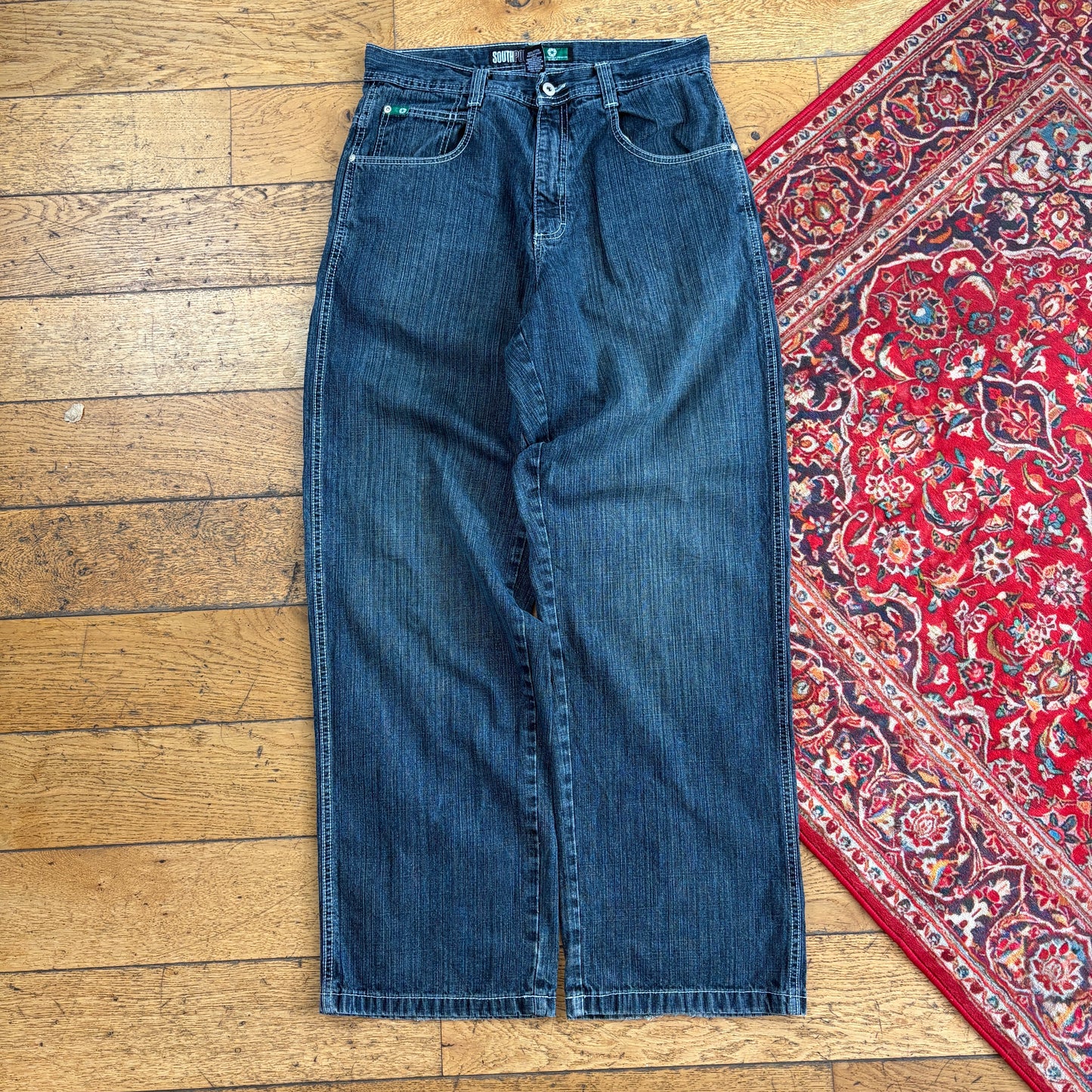 Vintage Southpole Navy Blue Embroidered Y2K Hip Hop Baggy Jeans - 32