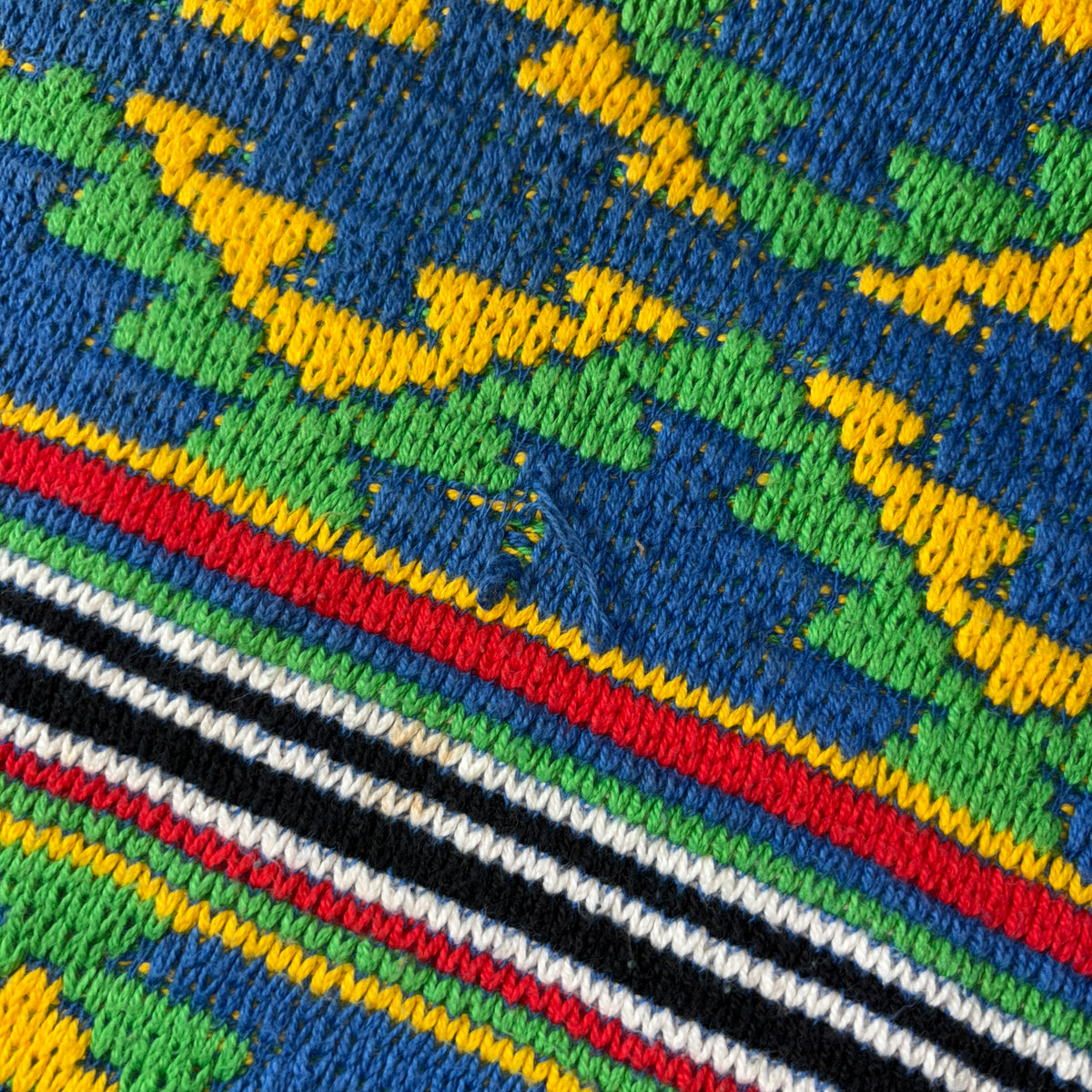 Coogi Style Blue Multi Coloured Knit Pattern Jumper - L