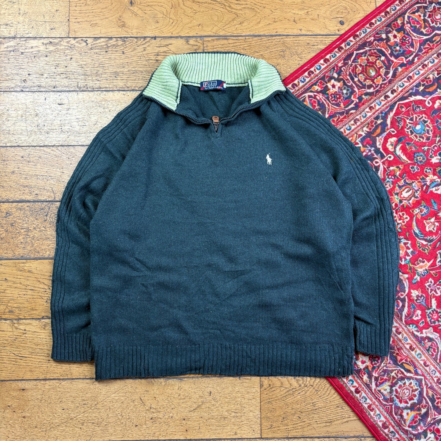 Vintage Ralph Lauren Green Wool Quarter Zip Chunky Knit Jumper - L