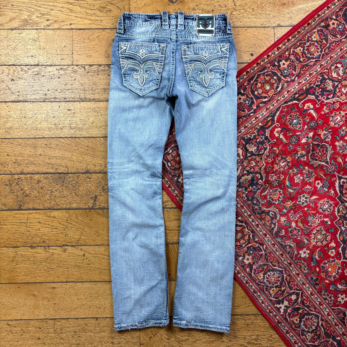 Vintage Rock Revival Blue Embroidered Y2K Hip Hop Straight Jeans - 34