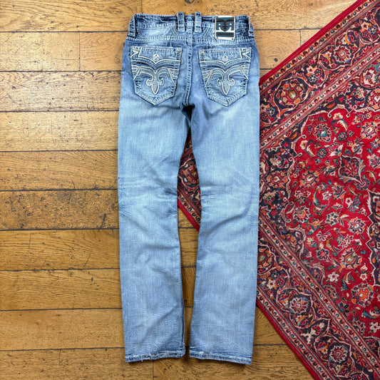 Vintage Rock Revival Blue Embroidered Y2K Hip Hop Straight Jeans - 34