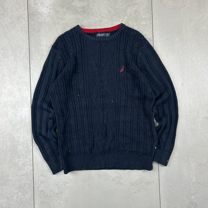 Vintage Nautica Navy Chunky Cable Knit Jumper - L