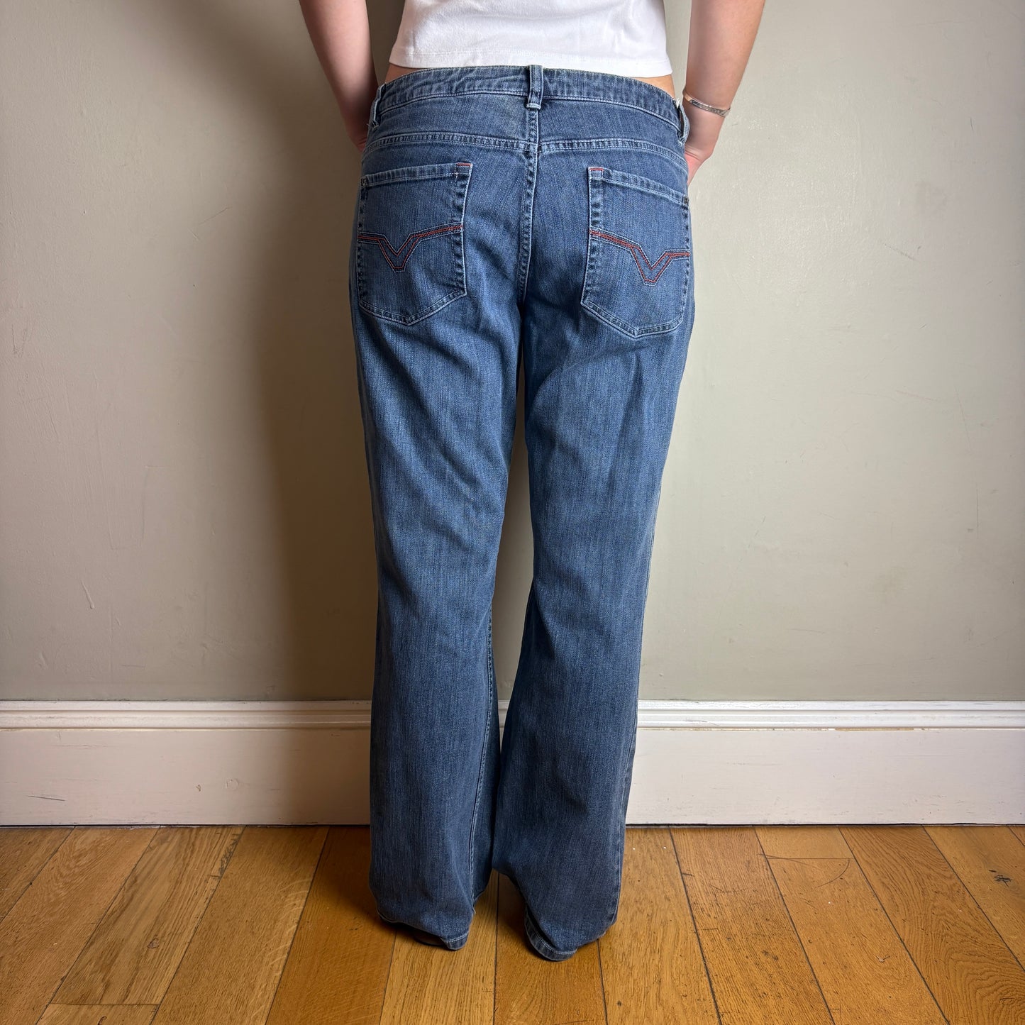 Vintage Harley Davidson Womens Blue Embroidered Y2K Hip Hop Bootcut Jeans - 34R
