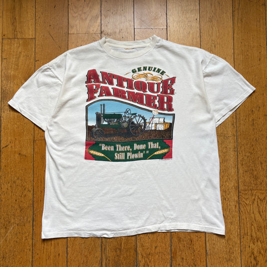 Vintage 1995 Farmer Plowin Single Stitch White Graphic T-Shirt - XL