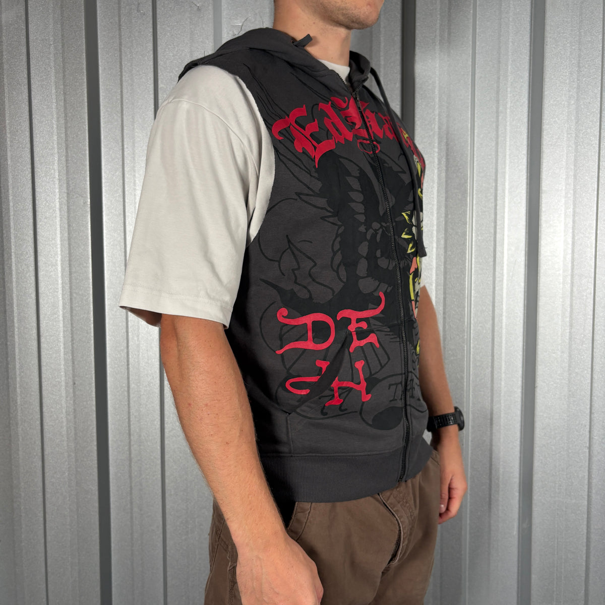Ed Hardy Y2K Grey Hoodie Cut Off Gilet Vest Sweatshirt - S