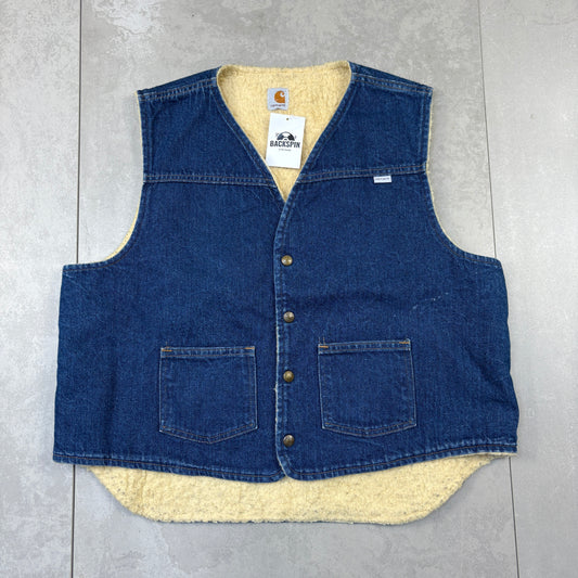 Vintage Carhartt Blue Denim Workwear Gilet Vest Lined Jacket - M