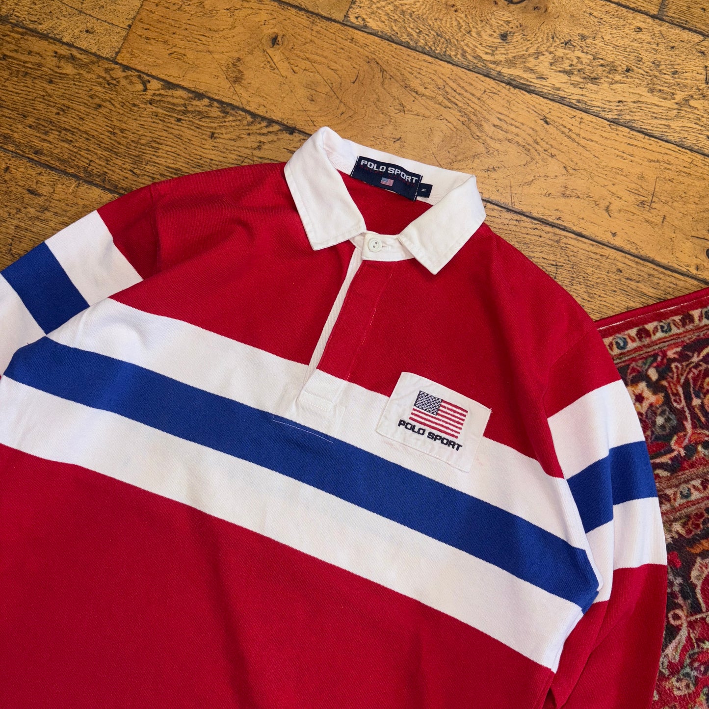 Vintage Polo Sport Ralph Lauren Red Blue Stripe Embroidered Rugby Polo Shirt - M