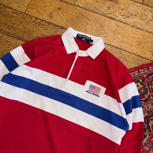 Vintage Polo Sport Ralph Lauren Red Blue Stripe Embroidered Rugby Polo Shirt - M