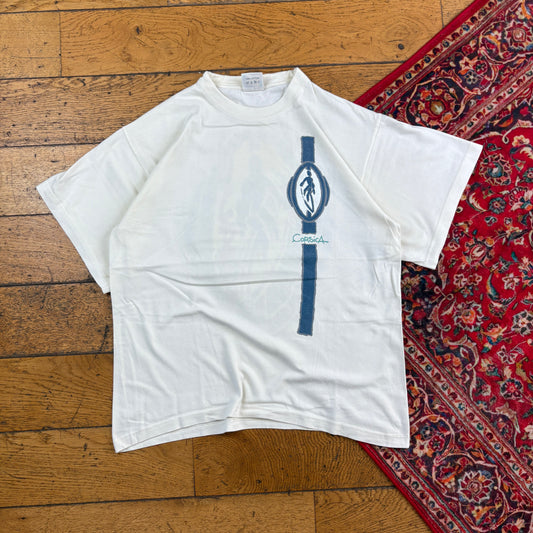 Vintage 90s Cream Surfwear Boxy Graphic T-Shirt - S