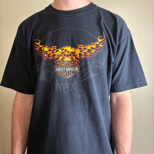 Vintage 2005 Harley Davidson Black Flames Graphic T-Shirt - L
