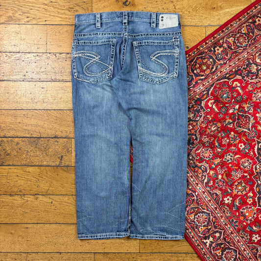 Vintage Silver Jeans Blue Embroidered Y2K Hip Hop Baggy Jeans - 36