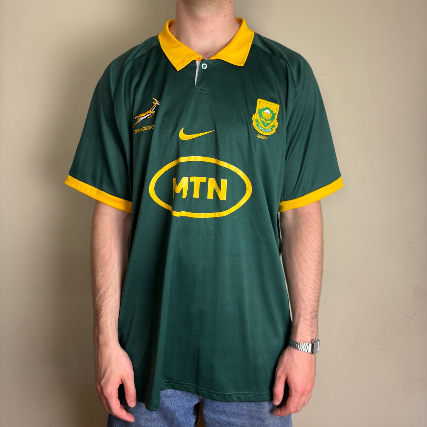 Vintage South Africa Springboks Green Rugby Nike Polo Shirt - 2XL