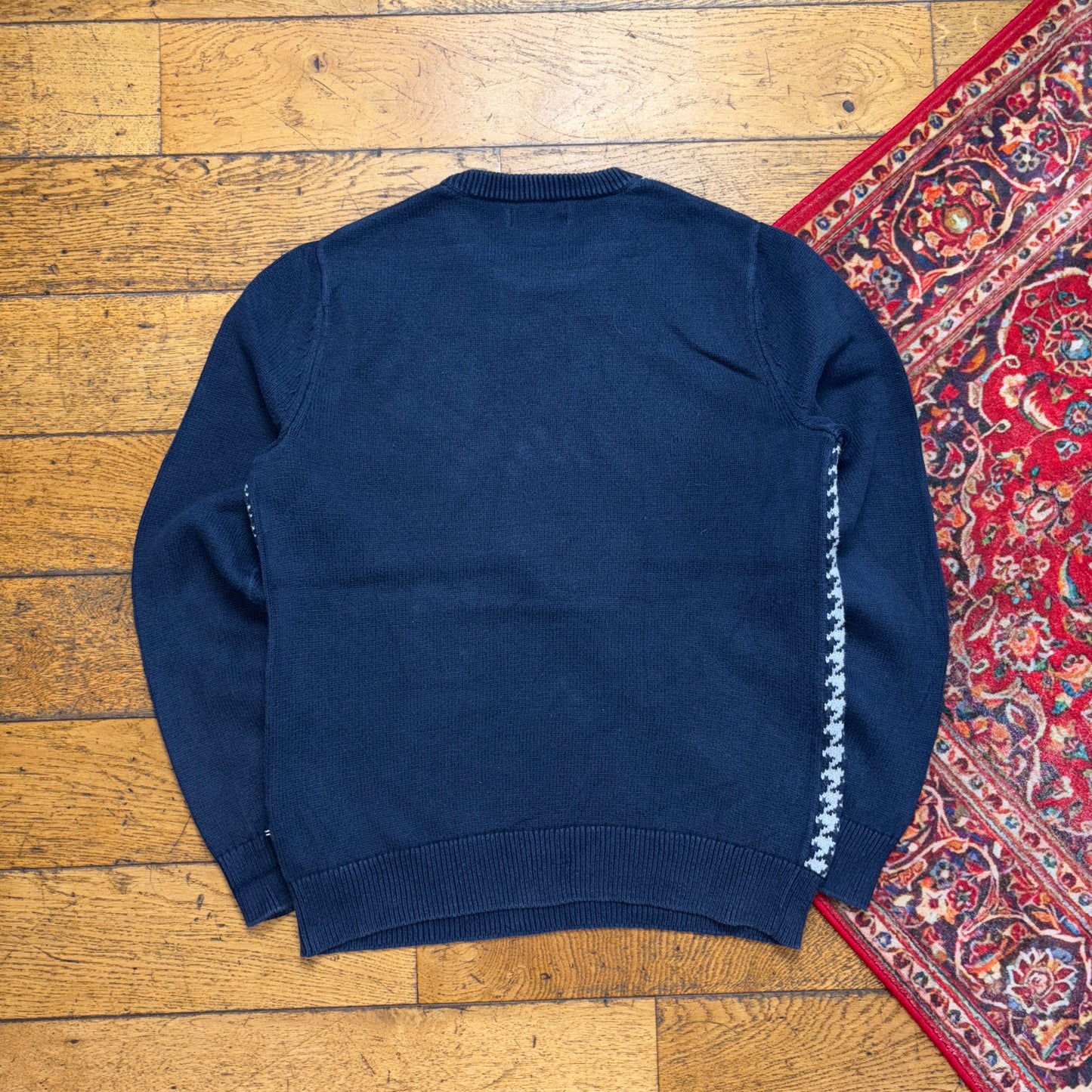 Vintage Nautica Navy Funky Check Embroidered Knit Jumper - S