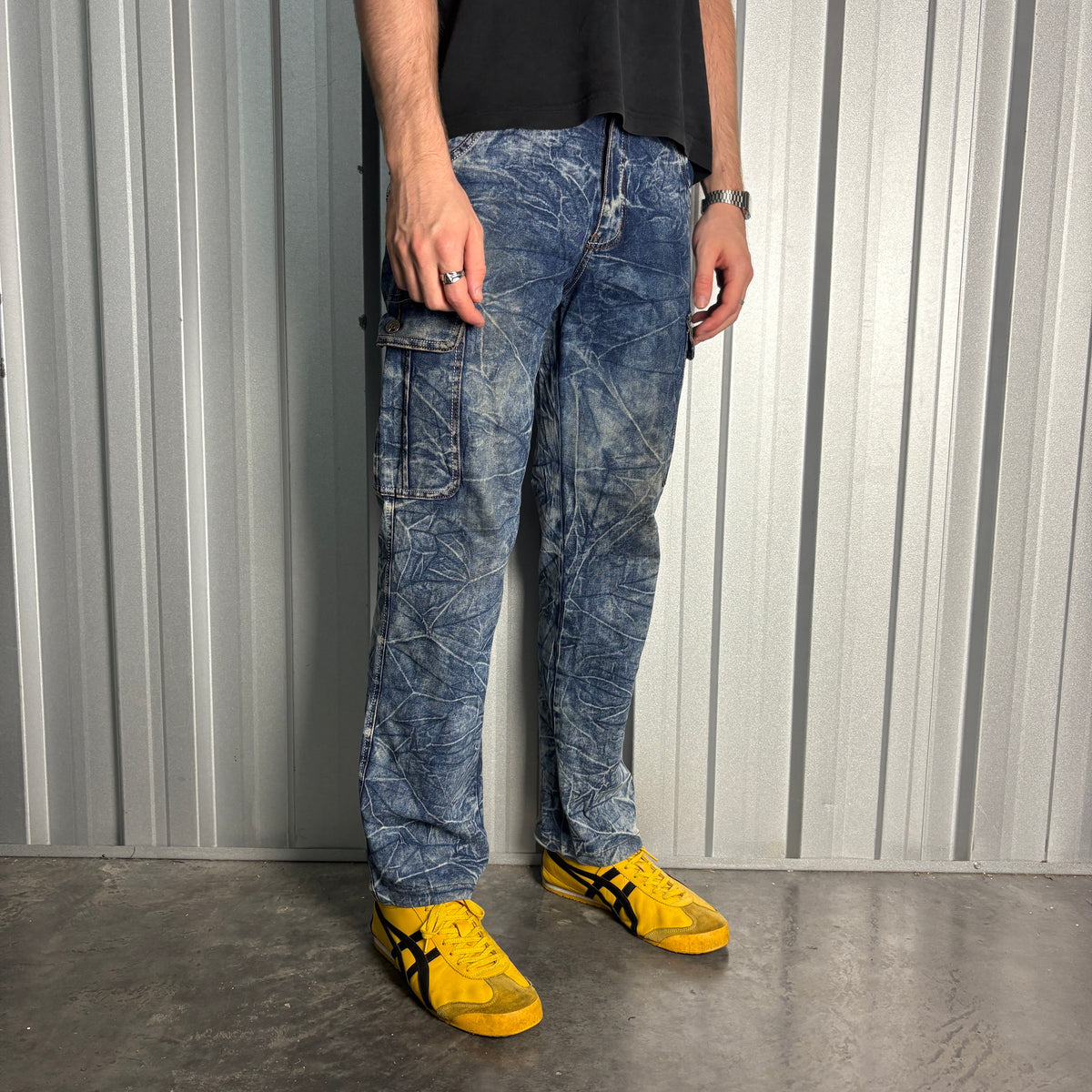 Embroidered Blue Acid Wash Grunge Japanese Denim Hip Hop Y2K Baggy Jeans - 34S