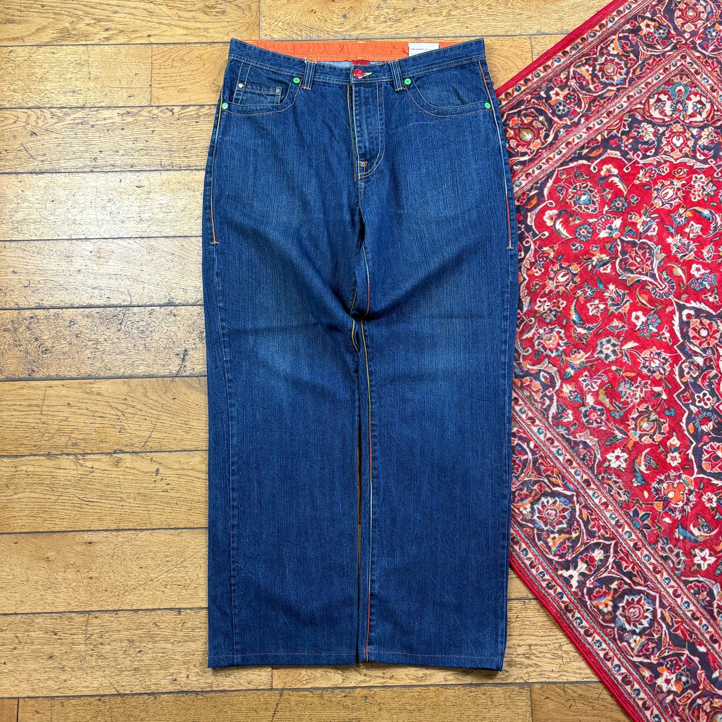 Vintage Blue Embroidered Y2K Hip Hop Baggy Jeans - 38